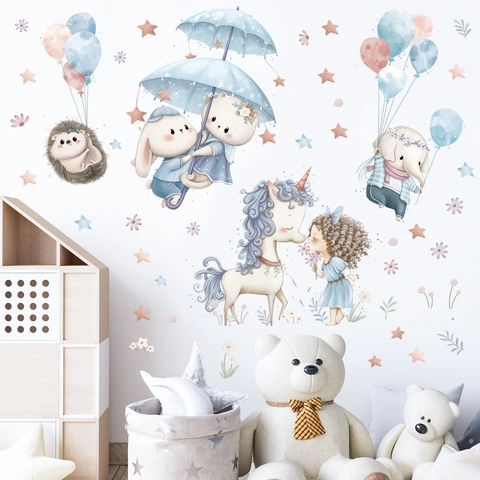 Watercolor Cartoon Animal Wall Stickers PVC Unicorn Elephant Rabbit Stars Decals For Kids Nursery Room Home Decor