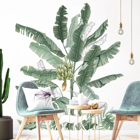 Pegatinas de Pared de Plátano Tropical Modernas Hojas Verdes Gato Blanco Calcomanías de PVC para Dormitorio Sala de Estar