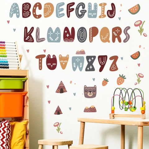 Boho ABC Alphabet Wall Stickers For Kids Nursery Room Decor Educational Cartoon Animal Fruit Letters PVC Waterproof Wall Decals