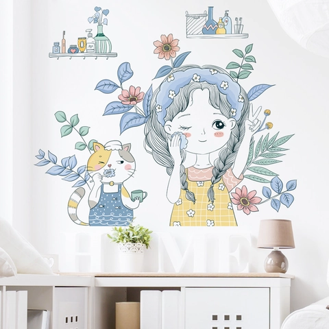 Cartoon Mädchen Und Katze Blumen Wandaufkleber Selbstklebend PVC Wasserdicht Aufkleber Für Mädchen Schlafzimmer Badezimmer