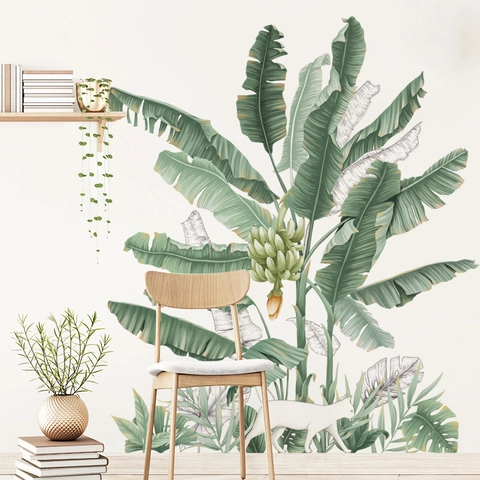 Pegatinas de Pared de Plátano Tropical Modernas Hojas Verdes Gato Blanco Calcomanías de PVC para Dormitorio Sala de Estar