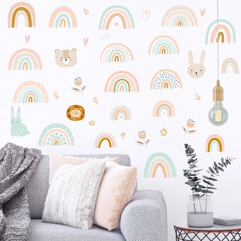 Cartoon Rainbow Animal Wall Stickers For Kids Room Nursery Kindergarten School Classroom Decor DIY PVC Removable Hand Drawn Decals