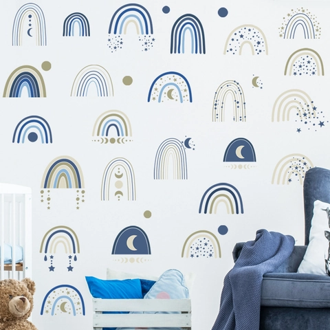 Stickers Muraux Arc-en-Ciel Boho pour Chambre d'Enfant Décoration PVC Étanche Nuage Étoile Lune Décalcomanie Moderne