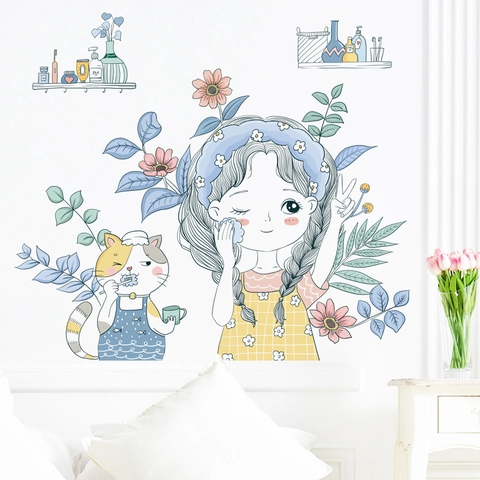 Cartoon Mädchen Und Katze Blumen Wandaufkleber Selbstklebend PVC Wasserdicht Aufkleber Für Mädchen Schlafzimmer Badezimmer