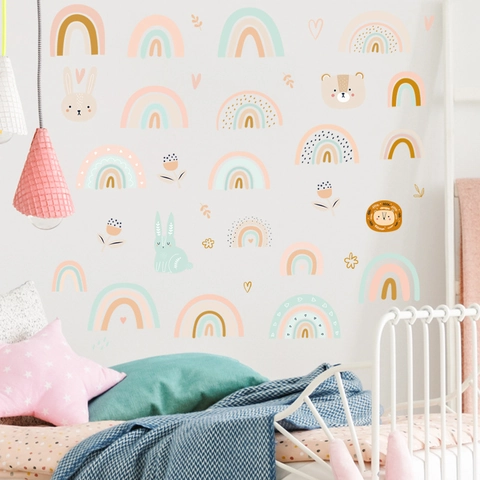 Cartoon Rainbow Animal Wall Stickers For Kids Room Nursery Kindergarten School Classroom Decor DIY PVC Removable Hand Drawn Decals