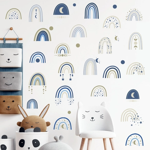 Stickers Muraux Arc-en-Ciel Boho pour Chambre d'Enfant Décoration PVC Étanche Nuage Étoile Lune Décalcomanie Moderne