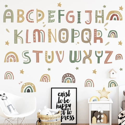 Pegatinas De Pared De Alfabeto Boho Para Habitación De Niños Color Morandi Letras Arcoíris Estrella PVC Calcomanías De Pared