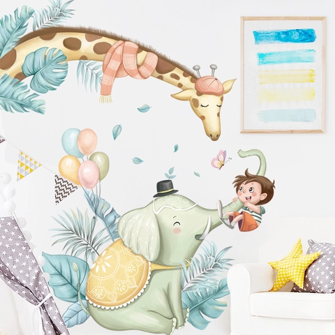 Cartoon Tier Giraffe Elefant Junge Wandtattoo PVC Abnehmbar Kinderzimmer Dekoration Wasserdicht Wandaufkleber Wandbild