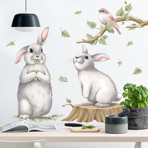 Süße Hase Vogel Tier Wandaufkleber Aquarell Wald PVC Wasserdicht Selbstklebend Wandbild Für Kinderzimmer Schlafzimmer Deko