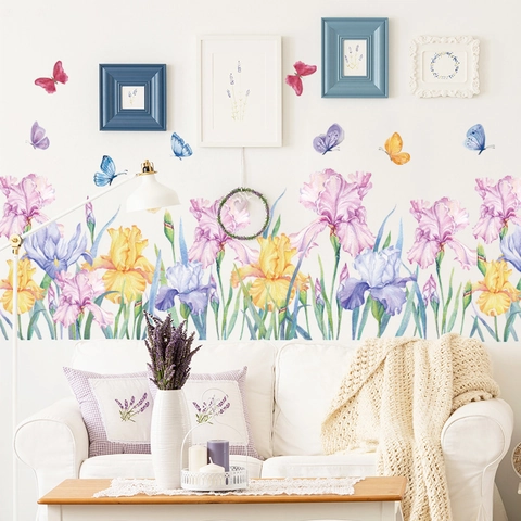Aquarell Iris Blume Und Schmetterling Wandaufkleber PVC Sockelleiste Floral Dekore Für Wohnzimmer Schlafzimmer Home Decor DIY Kunst Wandbilder