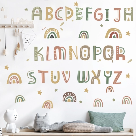 Pegatinas De Pared De Alfabeto Boho Para Habitación De Niños Color Morandi Letras Arcoíris Estrella PVC Calcomanías De Pared