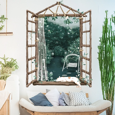3D Falsches Fenster Wandsticker Schlafende Katze Garten Landschaft Abnehmbare PVC Wandbild Für Wohnzimmer Schlafzimmer Deko