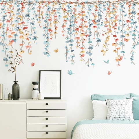 Aquarell Blumenranke Schmetterling Wandaufkleber Hängende Pflanzen Wandtattoos Für Wohnzimmer Schlafzimmer TV Hintergrund Home Decor