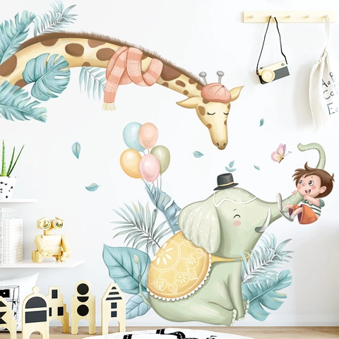 Cartoon Tier Giraffe Elefant Junge Wandtattoo PVC Abnehmbar Kinderzimmer Dekoration Wasserdicht Wandaufkleber Wandbild