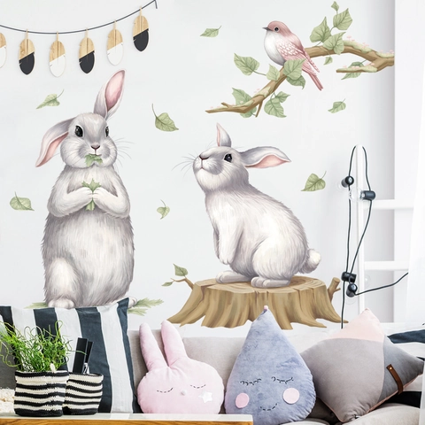 Süße Hase Vogel Tier Wandaufkleber Aquarell Wald PVC Wasserdicht Selbstklebend Wandbild Für Kinderzimmer Schlafzimmer Deko