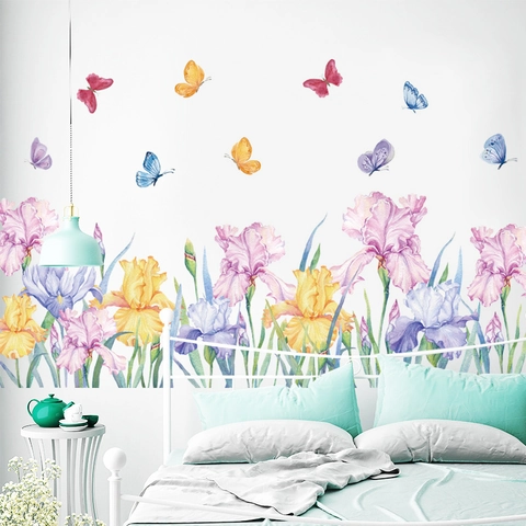 Aquarell Iris Blume Und Schmetterling Wandaufkleber PVC Sockelleiste Floral Dekore Für Wohnzimmer Schlafzimmer Home Decor DIY Kunst Wandbilder