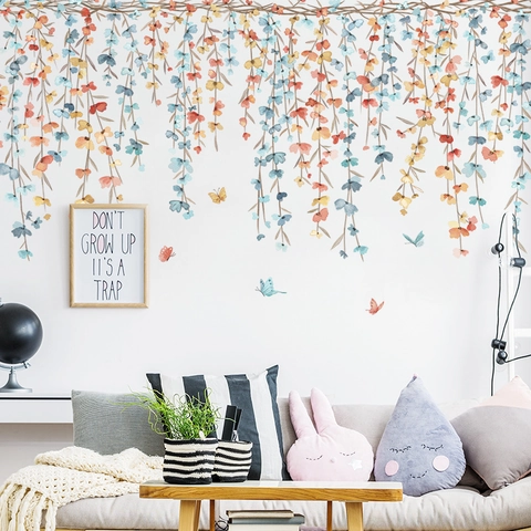Aquarell Blumenranke Schmetterling Wandaufkleber Hängende Pflanzen Wandtattoos Für Wohnzimmer Schlafzimmer TV Hintergrund Home Decor