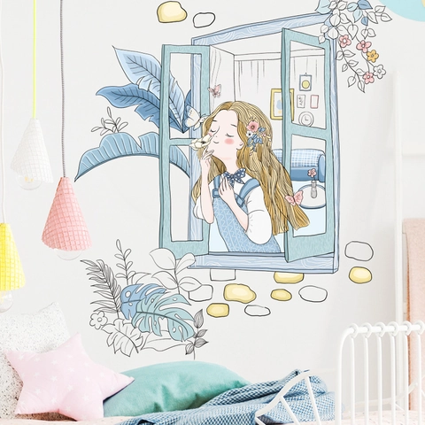 Tropical Banana Leaf Plant Wall Sticker Cartoon Girl At Window Self-adhesive PVC Wall Decal For Bedroom Dormitory Home Decor