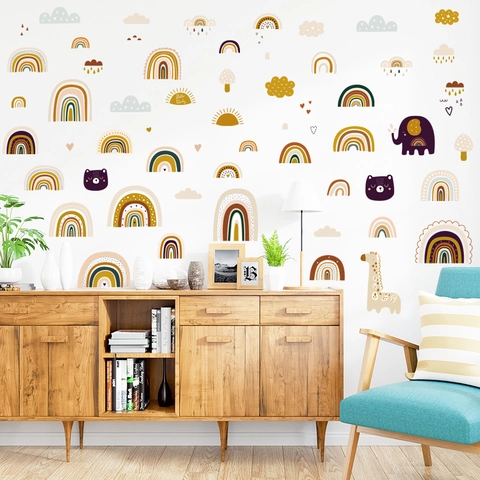 Bohemian Rainbow Wall Stickers Cartoon Elephant Giraffe Animal Kids Room Nursery Decor Removable Waterproof PVC Home Decals