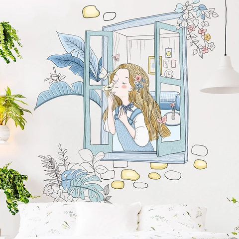 Tropical Banana Leaf Plant Wall Sticker Cartoon Girl At Window Self-adhesive PVC Wall Decal For Bedroom Dormitory Home Decor