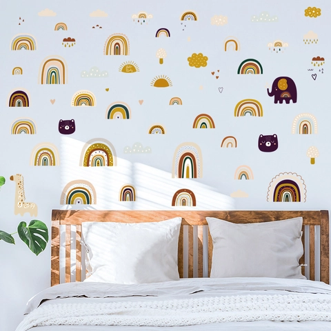 Bohemian Rainbow Wall Stickers Cartoon Elephant Giraffe Animal Kids Room Nursery Decor Removable Waterproof PVC Home Decals
