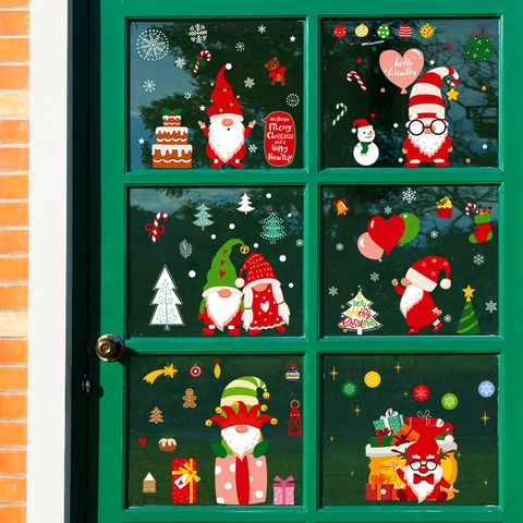 Pegatinas de Ventana de Navidad Adherencia Estática Oro Espolvoreado Gnomo Copo de Nieve Árbol de Navidad Calcomanías para Puerta de Vidrio Pared