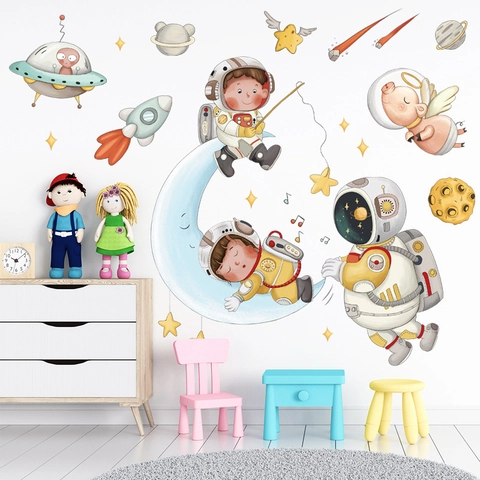 Cartoon Astronaut Mond Sterne Wandaufkleber Für Kinderzimmer Kindergarten PVC Wasserdicht Weltraum Rakete Fliegendes Schwein Wandtattoo