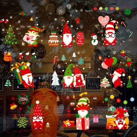 Pegatinas de Ventana de Navidad Adherencia Estática Oro Espolvoreado Gnomo Copo de Nieve Árbol de Navidad Calcomanías para Puerta de Vidrio Pared