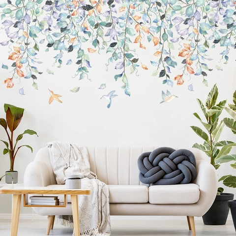 Pegatinas de Pared de Acuarela Hojas de Plantas Frescas Enredaderas Colibríes Impermeables PVC DIY Calcomanías de Pared Para Dormitorio Sala