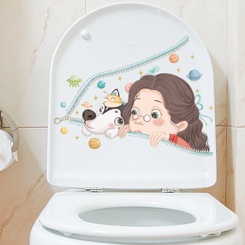 Cartoon Mädchen Husky Hund Toilettenaufkleber Wasserdicht PVC Reißverschluss Dekor Bad Süß Galaxie Sterne UFO Toilettendeckel