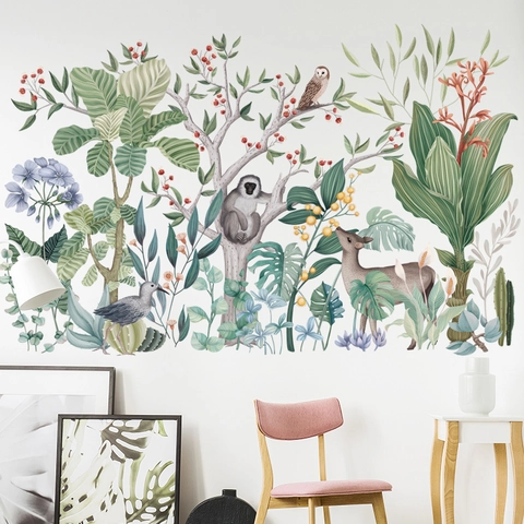 Pegatinas de Pared de Animales de la Selva Tropical para Habitación Infantil Dormitorio Dibujos Animados Mono Ciervo Búho Hoja de Monstera PVC Impermeable Calcomanías de Pared Removibles Decoración del Hogar