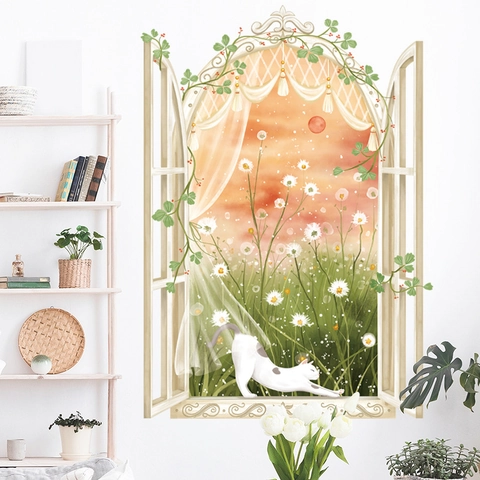 3D Falsches Fenster Wandtattoo PVC Katze Gänseblümchen Pflanze Wandbild Wasserdicht Abnehmbare Dekoration Für Wohnzimmer