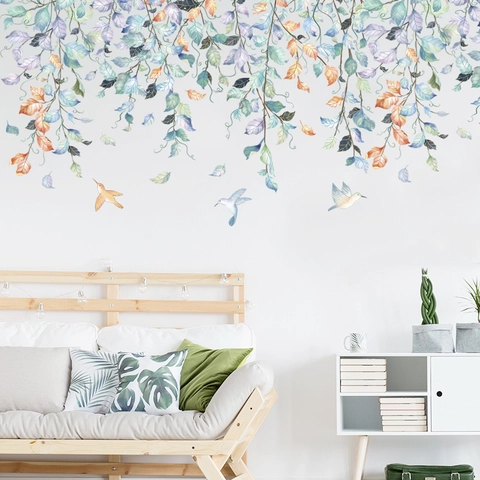 Pegatinas de Pared de Acuarela Hojas de Plantas Frescas Enredaderas Colibríes Impermeables PVC DIY Calcomanías de Pared Para Dormitorio Sala