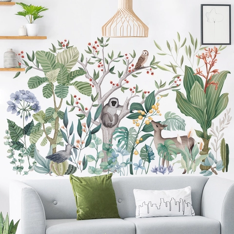 Pegatinas de Pared de Animales de la Selva Tropical para Habitación Infantil Dormitorio Dibujos Animados Mono Ciervo Búho Hoja de Monstera PVC Impermeable Calcomanías de Pared Removibles Decoración del Hogar
