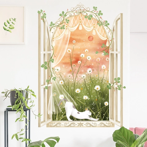 3D Falsches Fenster Wandtattoo PVC Katze Gänseblümchen Pflanze Wandbild Wasserdicht Abnehmbare Dekoration Für Wohnzimmer