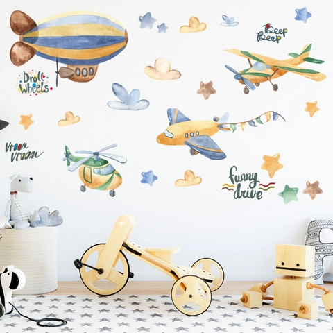Watercolor Aviation Cartoon Wall Stickers Airplane Airship Helicopter PVC Removable Decal For Kids Room Nursery Home Decor