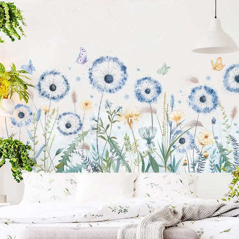 Abnehmbare Löwenzahn Blume Wandsticker Aquarell Blau Löwenzahn Sonnenblume Schmetterling Wandtattoos Für Zuhause Deko