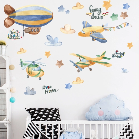 Watercolor Aviation Cartoon Wall Stickers Airplane Airship Helicopter PVC Removable Decal For Kids Room Nursery Home Decor