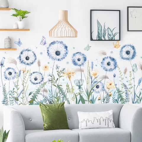 Abnehmbare Löwenzahn Blume Wandsticker Aquarell Blau Löwenzahn Sonnenblume Schmetterling Wandtattoos Für Zuhause Deko