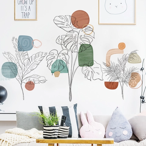 Nordisch Monstera Palmblatt Line Art Wandtattoo Morandi Geometrische Formen PVC Abnehmbare Wasserdichte Aufkleber Für Deko