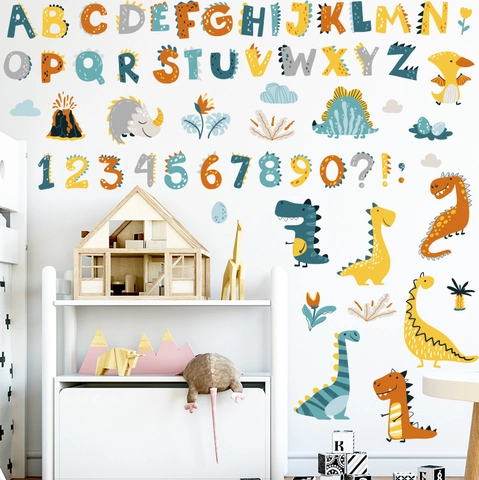 Cartoon Dinosaur Alphabet Number Wall Stickers For Kids Room Nursery Decor Educational PVC Waterproof Removable Home Wall Decals