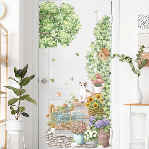Watercolor Garden Plant Wall Sticker With Cat Sunflower Daisy Pattern PVC Removable Self-Adhesive Decal For Home Decor