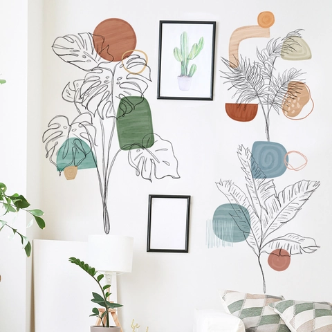 Nordisch Monstera Palmblatt Line Art Wandtattoo Morandi Geometrische Formen PVC Abnehmbare Wasserdichte Aufkleber Für Deko