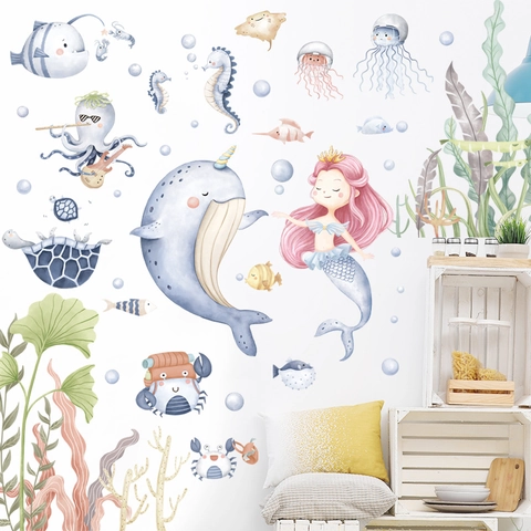 Adesivi da Parete Sirena Mondo Oceanico per Camera dei Bambini Acquerello Animali Sottomarini in PVC Decorazione Murale