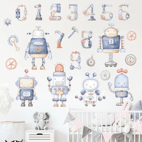 Pegatinas De Pared Robots Y Números Acuarela Steampunk PVC Calcomanías Para Dormitorio Niños Guardería Aula Decoración