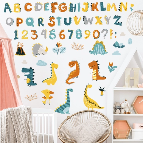 Cartoon Dinosaur Alphabet Number Wall Stickers For Kids Room Nursery Decor Educational PVC Waterproof Removable Home Wall Decals