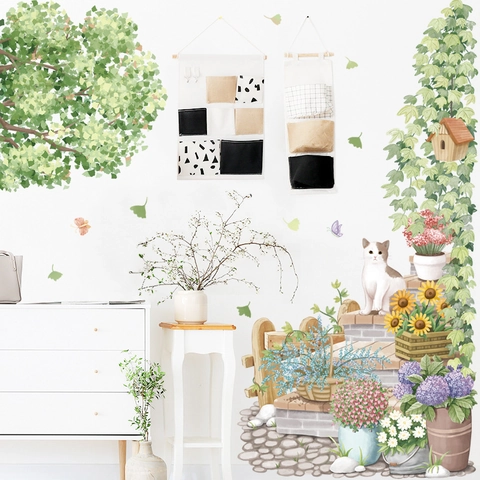 Watercolor Garden Plant Wall Sticker With Cat Sunflower Daisy Pattern PVC Removable Self-Adhesive Decal For Home Decor