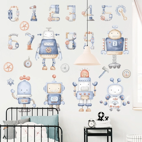 Pegatinas De Pared Robots Y Números Acuarela Steampunk PVC Calcomanías Para Dormitorio Niños Guardería Aula Decoración