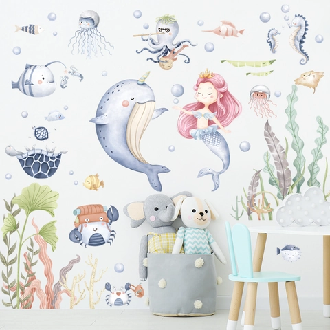 Adesivi da Parete Sirena Mondo Oceanico per Camera dei Bambini Acquerello Animali Sottomarini in PVC Decorazione Murale