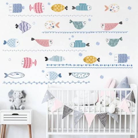 Cartoon Ocean Fish Wall Stickers Waterproof PVC Removable Sea Creature Decals For Kids Bedroom Nursery Bathroom Home Decor
